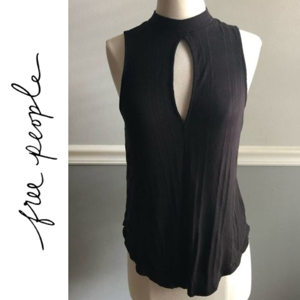 Free People | Faye Ribbed Mock Neck Black Keyhole Tank | XS